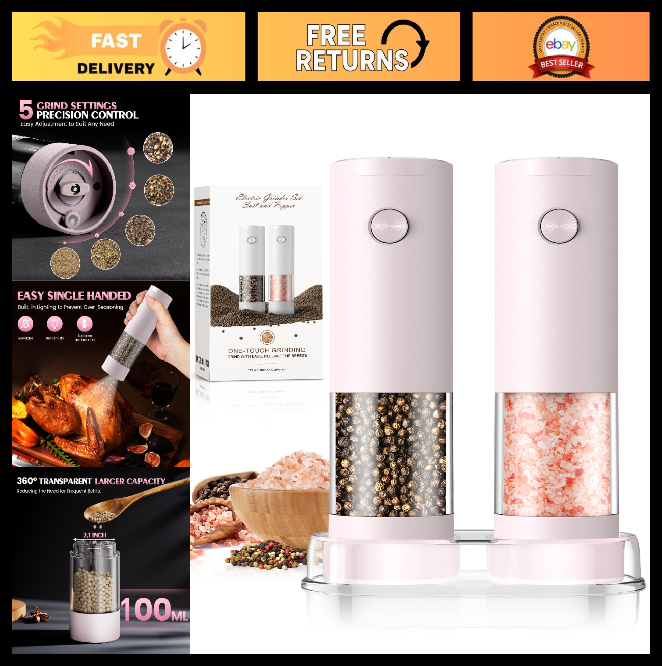 Automatic Salt and Pepper Grinder Set   Large Capacity, Pink   Perfect Housewarm0