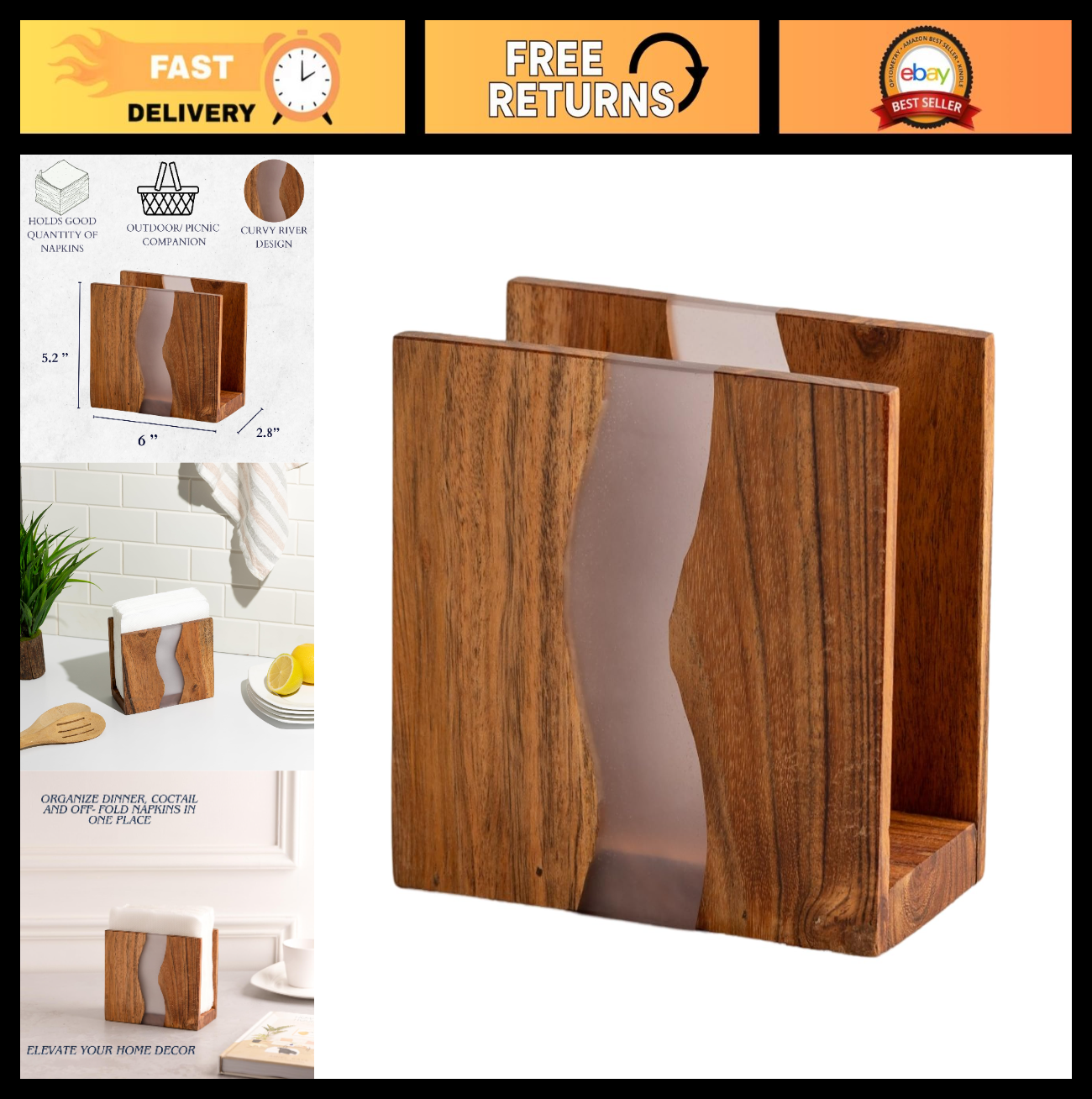Rustic Acacia Wood & Epoxy Resin Napkin Holder - Farmhouse Kitchen Organizer 6x50