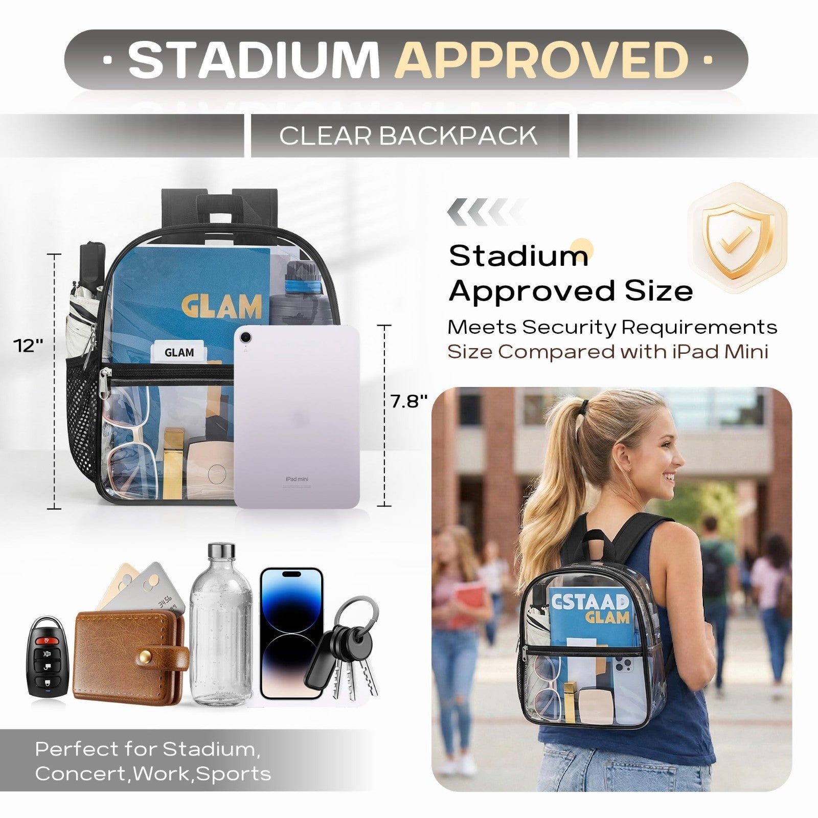 Clear Stadium Approved Backpack - Transparent 12"x6"x11" for Concerts & Events,2