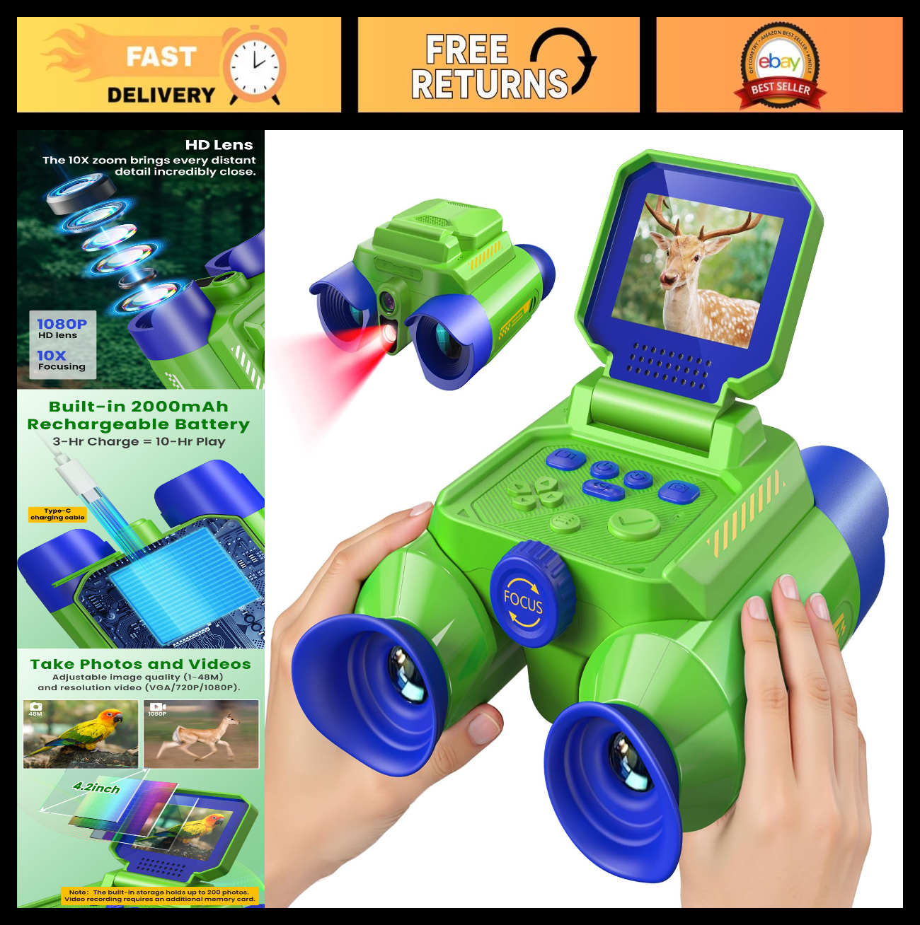 Kids Binoculars with Night Vision & Camera, 10X Zoom Telescope for Ages 3 10+0