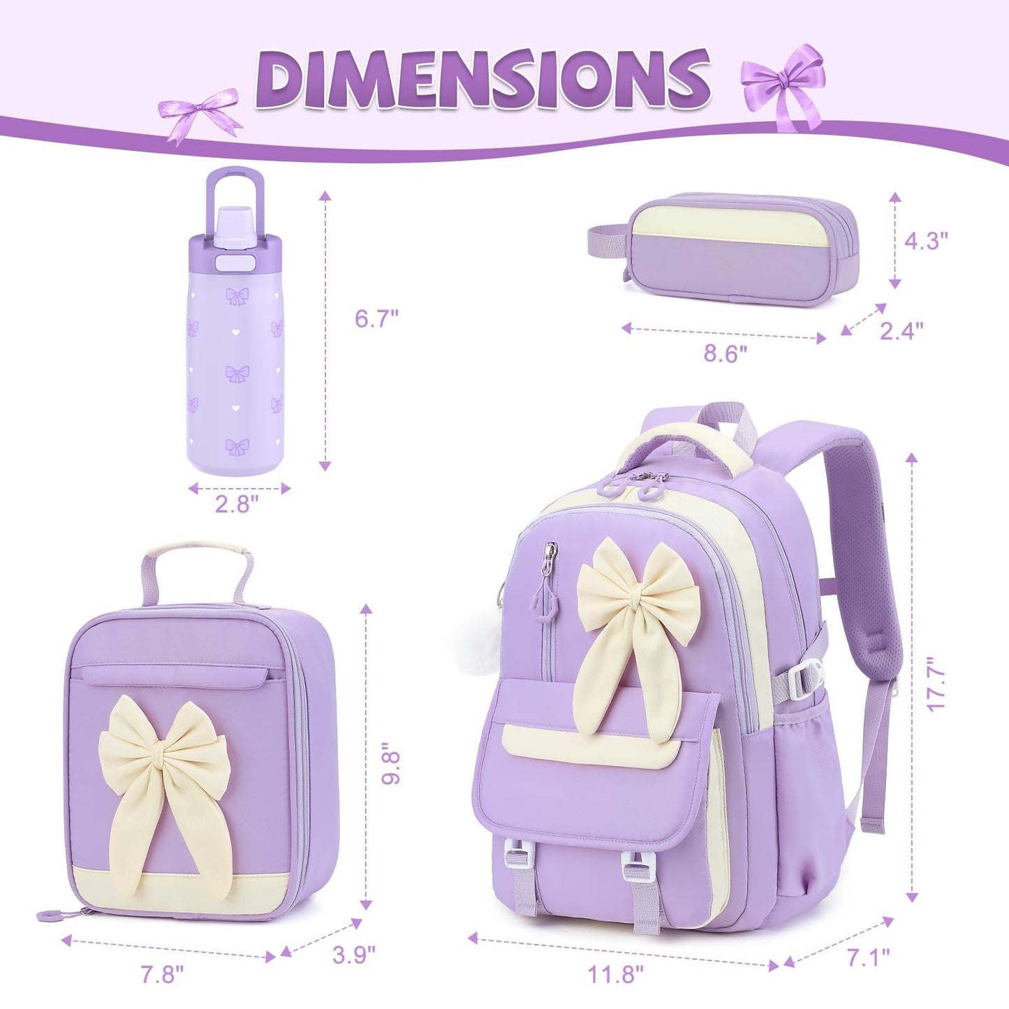 Stylish Girls Backpack Set 4PCS   Includes 14OZ Water Bottle, Lunch Bag & Pencil1