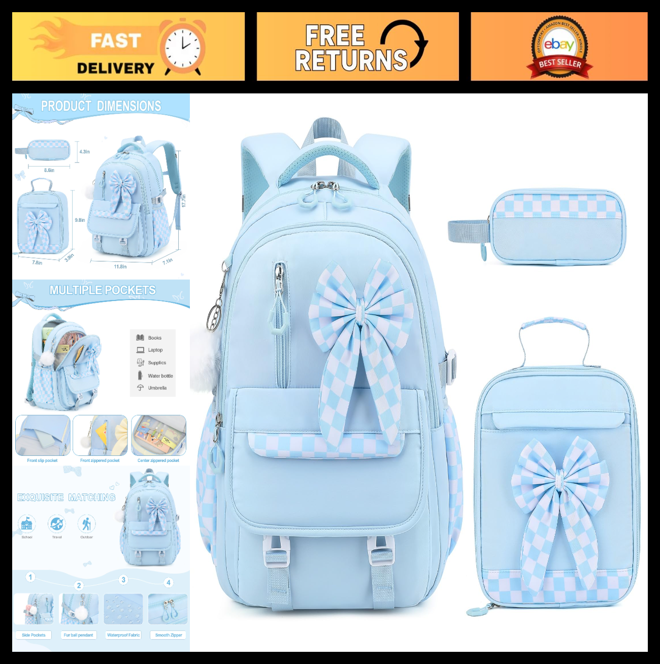 Girls Bow Backpack Set   3PCS with Lunch Bag & Pencil Case, Stylish School Bag0