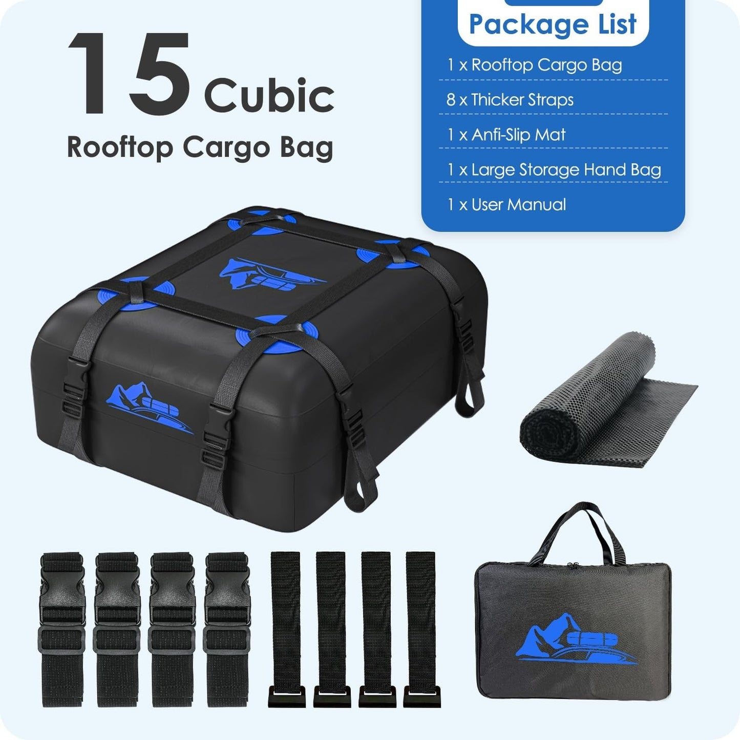 Rooftop Cargo Carrier Bag 15-20 Cu Ft Waterproof Storage for Cars - Blue7