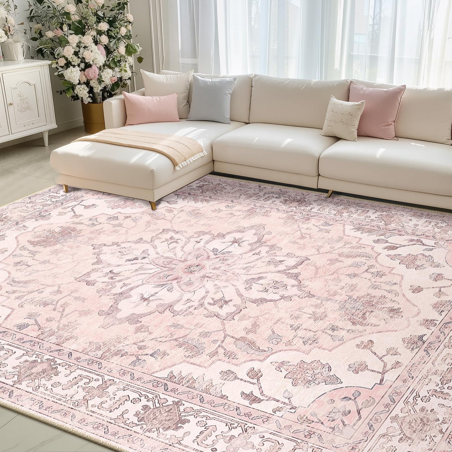 Washable 8'x10' Area Rug   Pink Vintage Floral, Non Slip, Pet Friendly, Easy Cle2