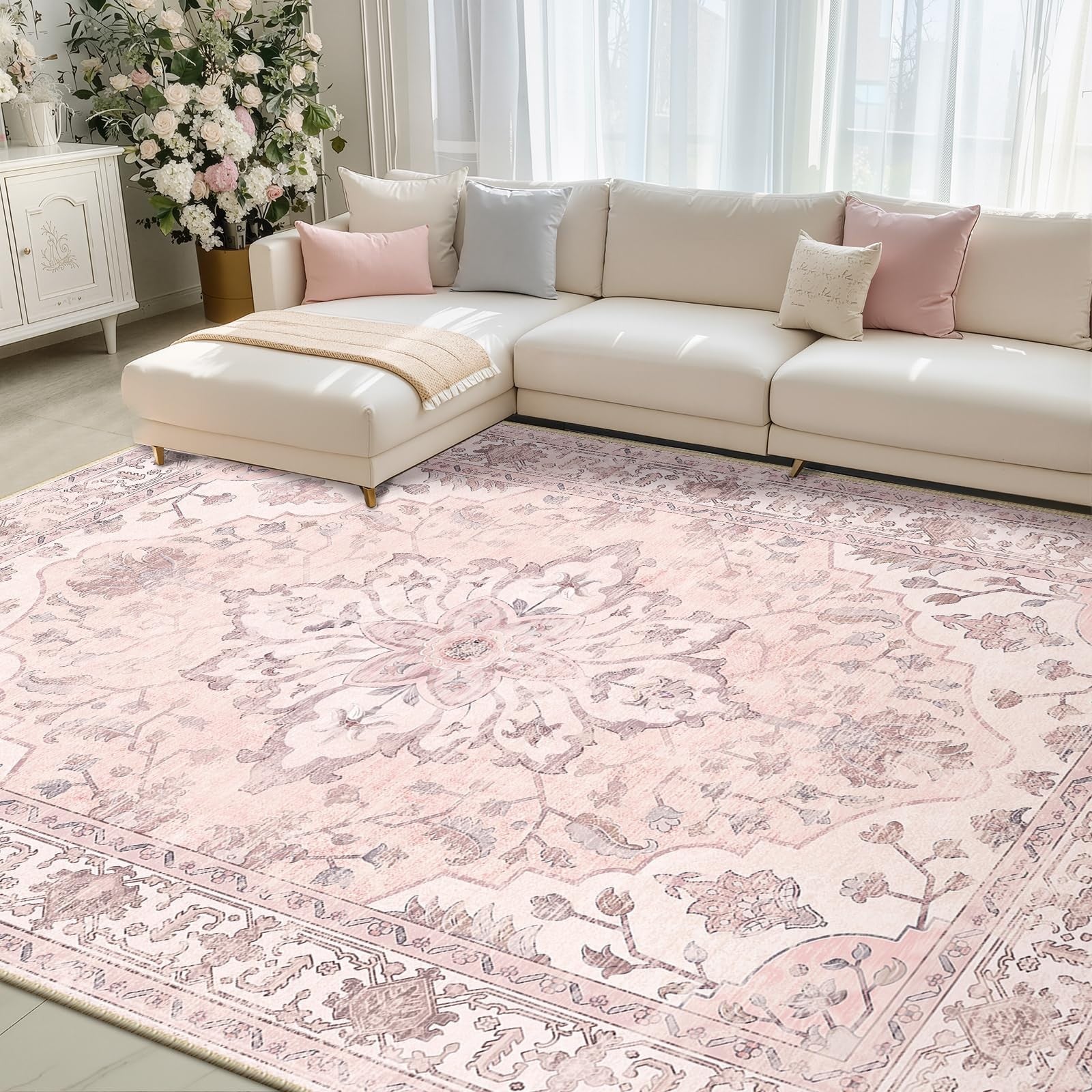 Washable 8'x10' Area Rug   Pink Vintage Floral, Non Slip, Pet Friendly, Easy Cle2