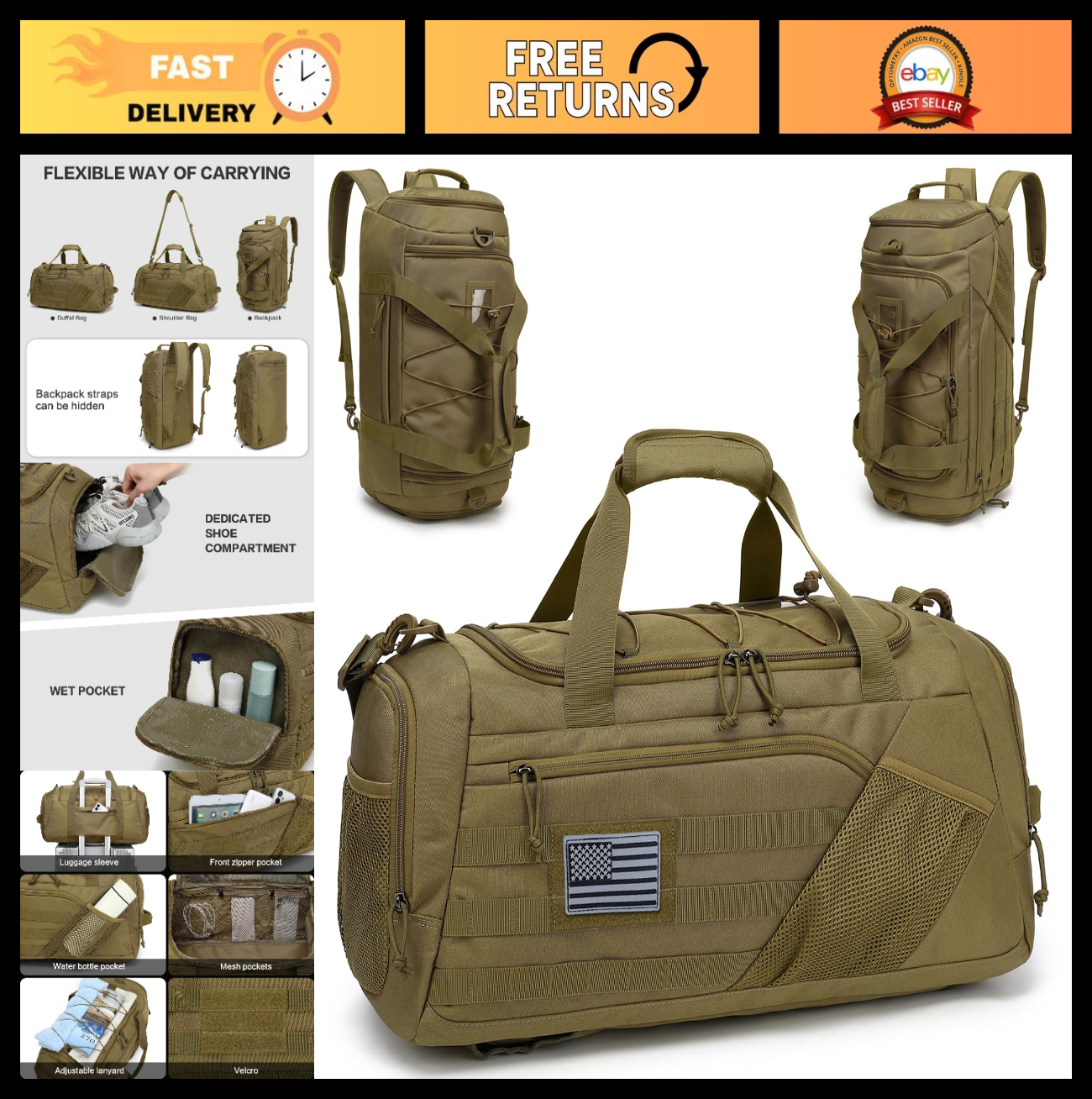 Multi Functional 3 in 1 Tactical Duffle Bag & Backpack 45L with Shoe Compartment0