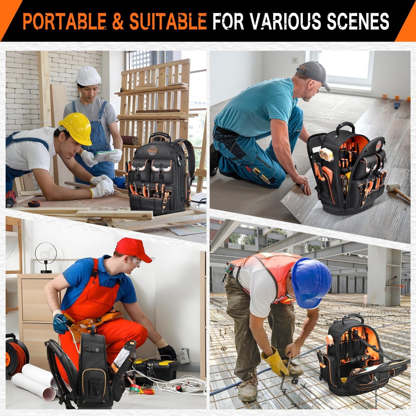 Heavy Duty Tool Backpack with 2 Small Bags, Molded Base, Laptop Compartment, Wat8