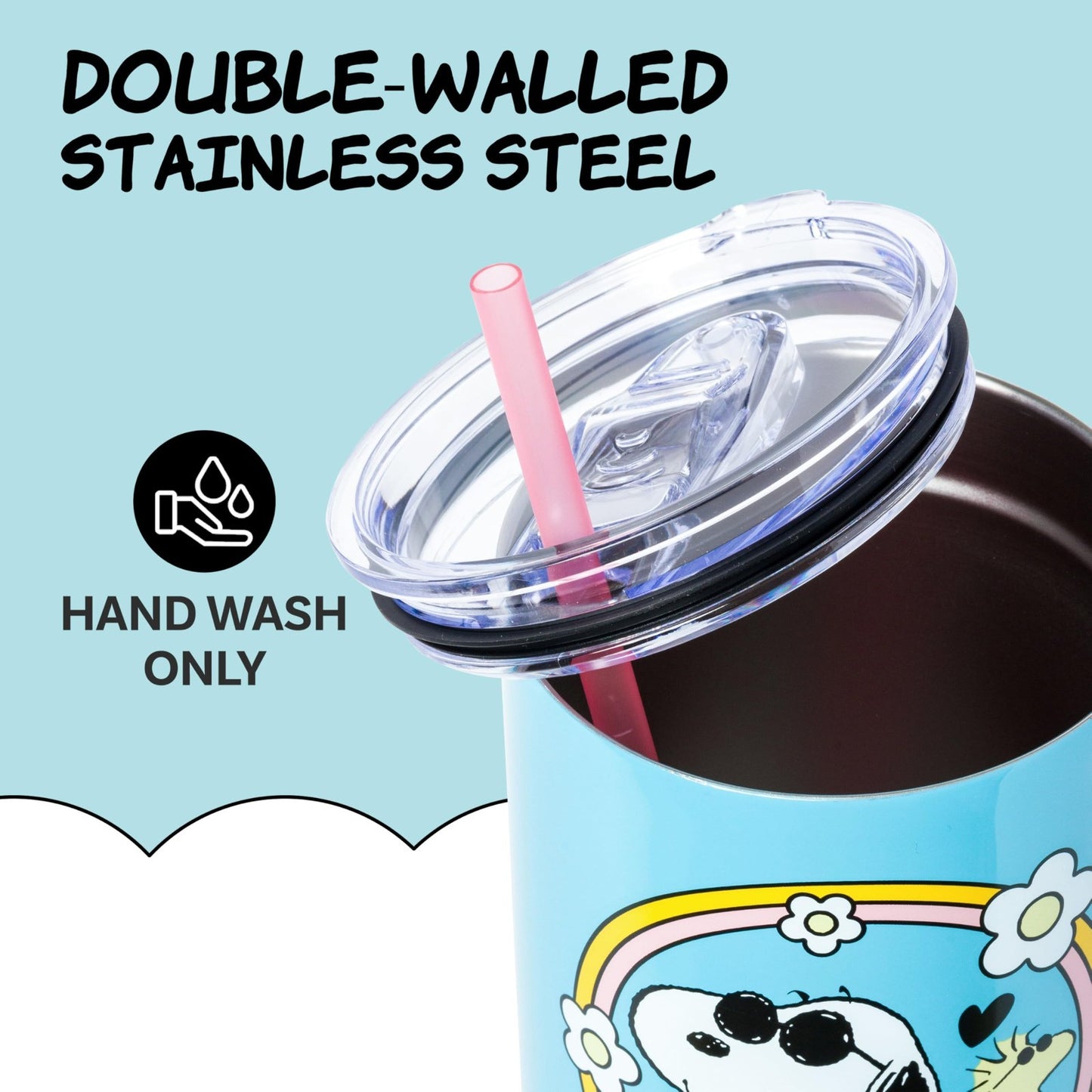 40oz Double Walled Stainless Steel Tumbler with Handle & Straw   Snoopy & Woodst3