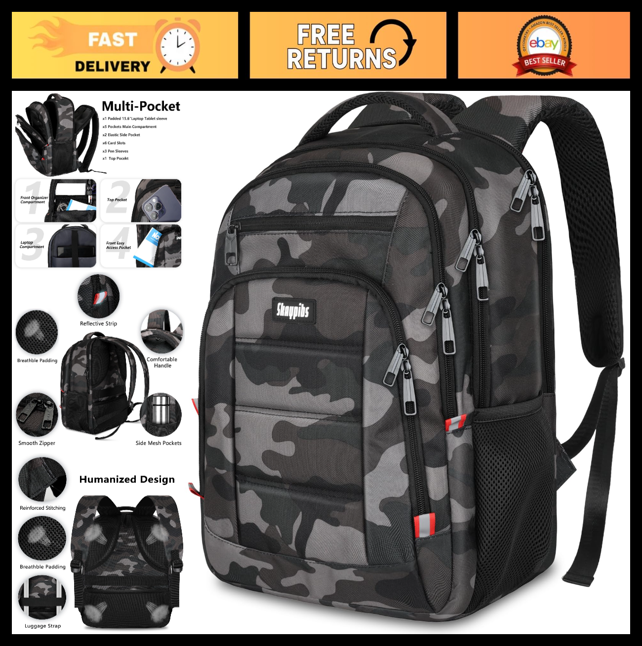 Anti Theft Laptop Backpack 15.6"   Travel, School, Work, Camo BookBag for Teens0