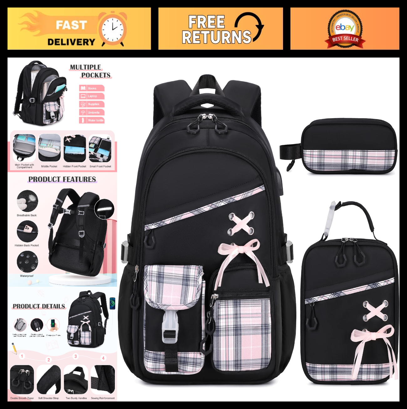 3PCS Girls School Backpack Set with Lunch Box & Pencil Pouch   Stylish & Durable0