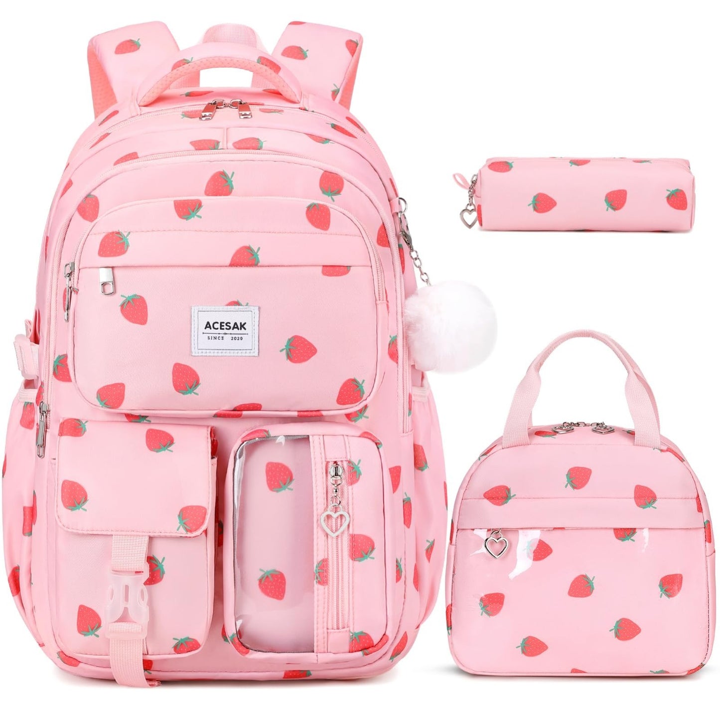 Stylish Girls Backpack with Lunch Bag & Pencil Pouch   Teen School Bookbag, Pink1