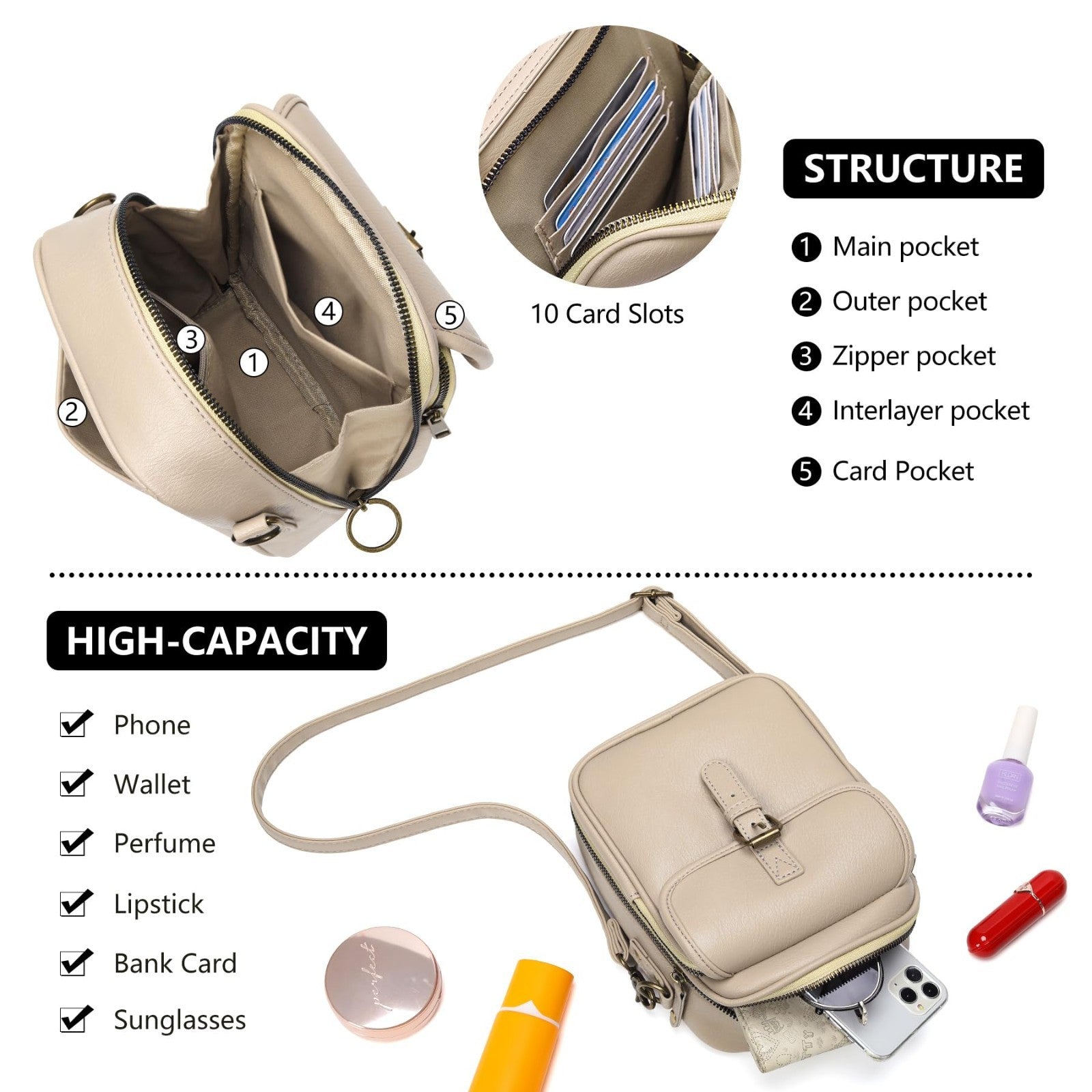 Vegan Leather Crossbody Bags for Women - Vintage Anti-Theft Messenger Purse with4