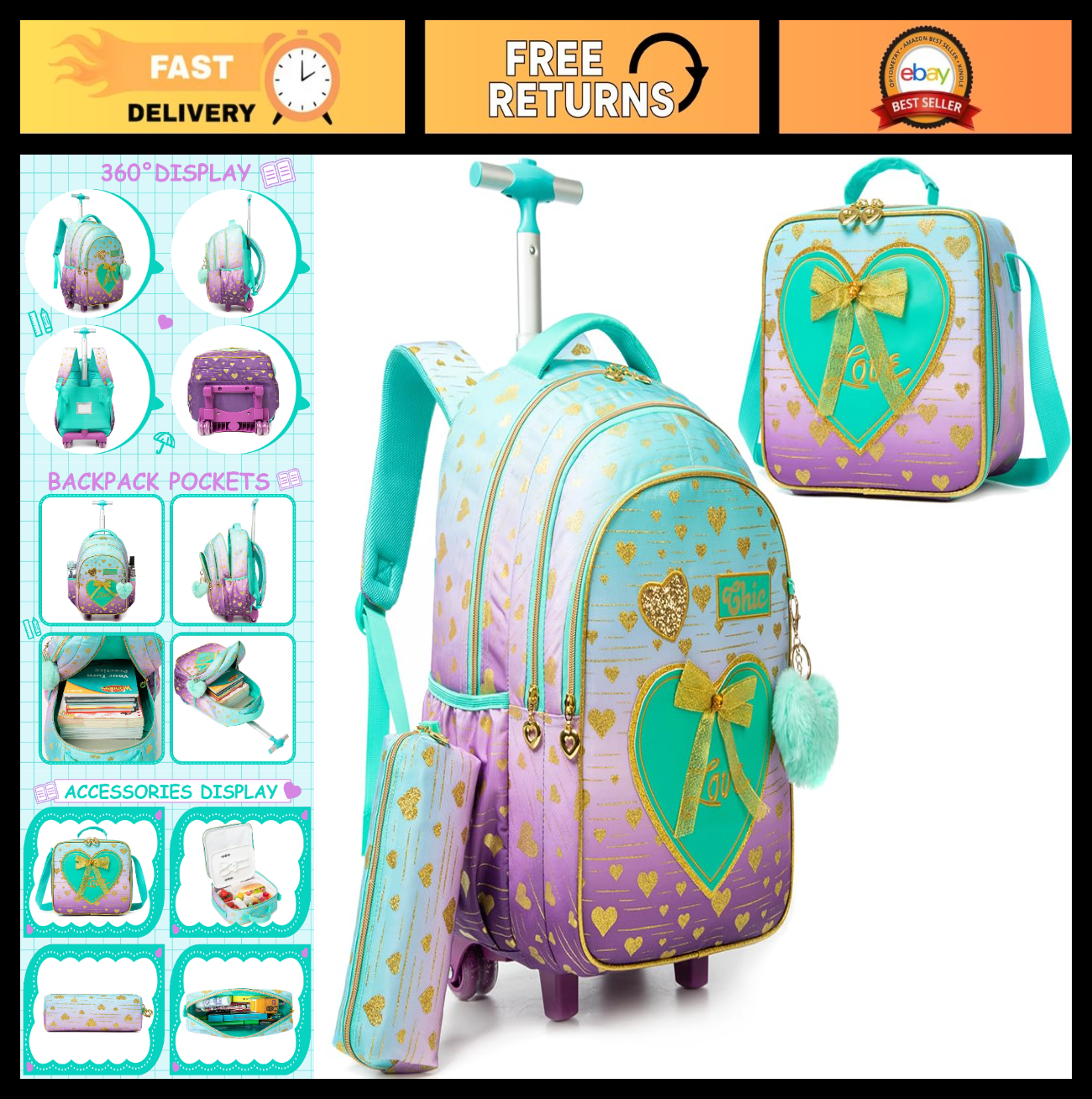 Rolling Backpack for Girls   Wheeled Kids Backpack with Lunch Box, 3 in 1 Travel0