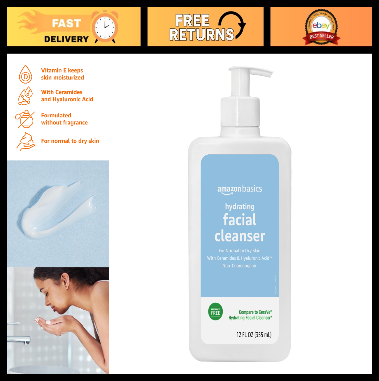 Hydrating Facial Cleanser, Fragrance Free, Ceramides, Non Comedogenic, 12 Fl Oz0