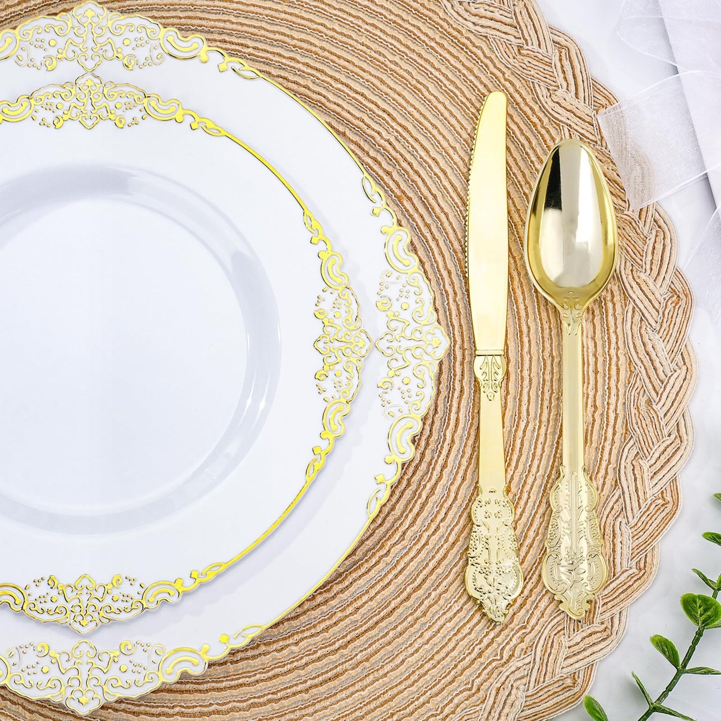 350-Piece White & Gold Disposable Dinnerware Set for 50 Guests | Plates, Silverw2