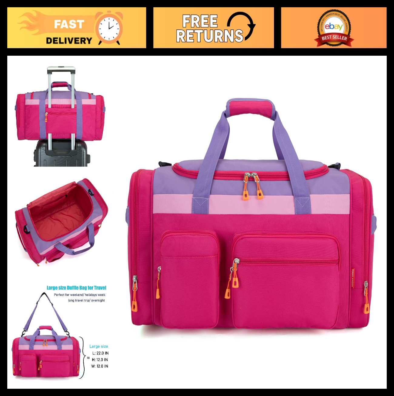 Large Kids Travel Duffle Bag - Roomy 22" x 12" x 12", Durable Polyester, Overnig0