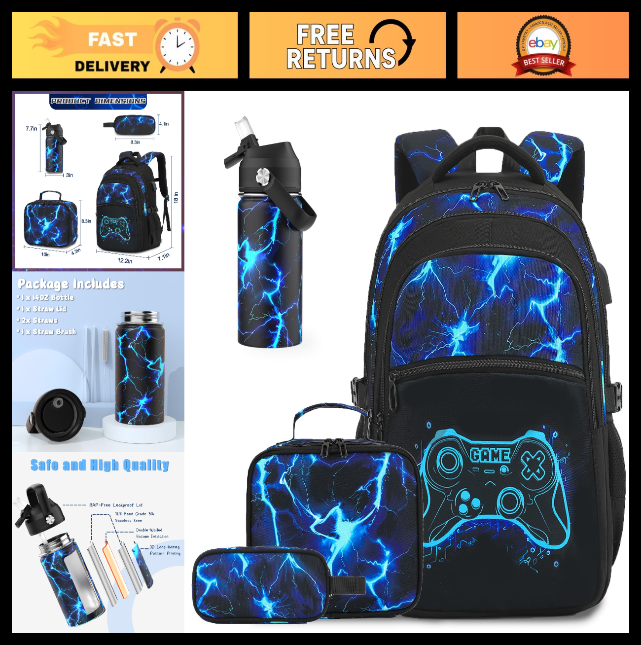 Cool Luminous Gamer Backpack for Boys, 6PCS Set with Insulated Water Bottle, Lun0