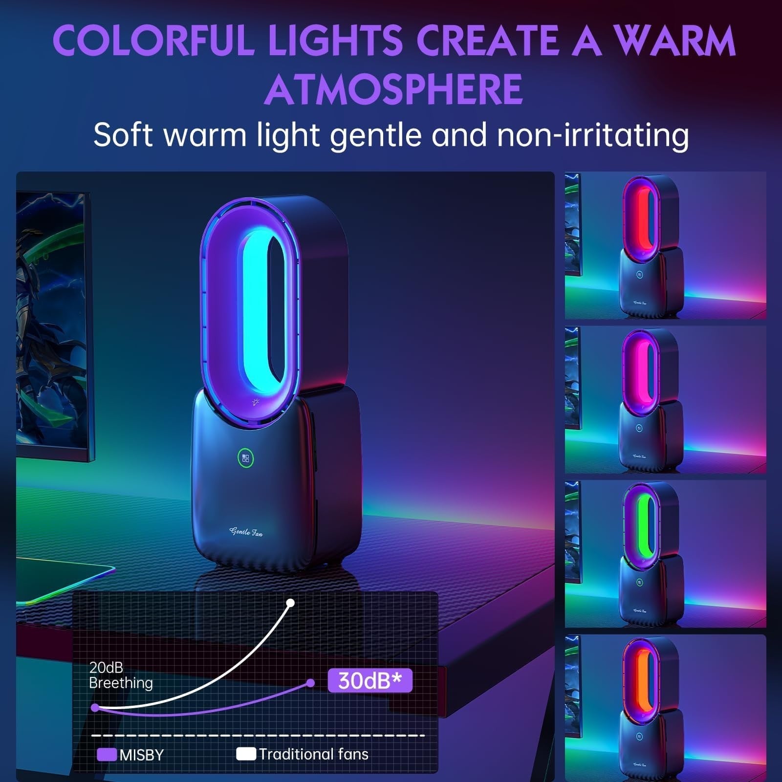 Bladeless Rechargeable Desk Fan with 5 Color LED Light   Quiet 11.8 Inch Table F4