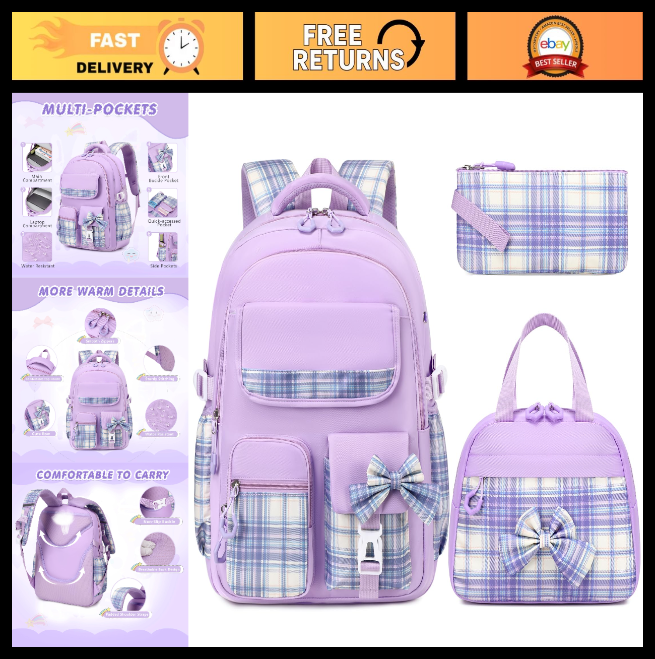 Stylish 3PCS School Backpack Set for Girls   17" Bow Plaid Bookbag & Accessories0