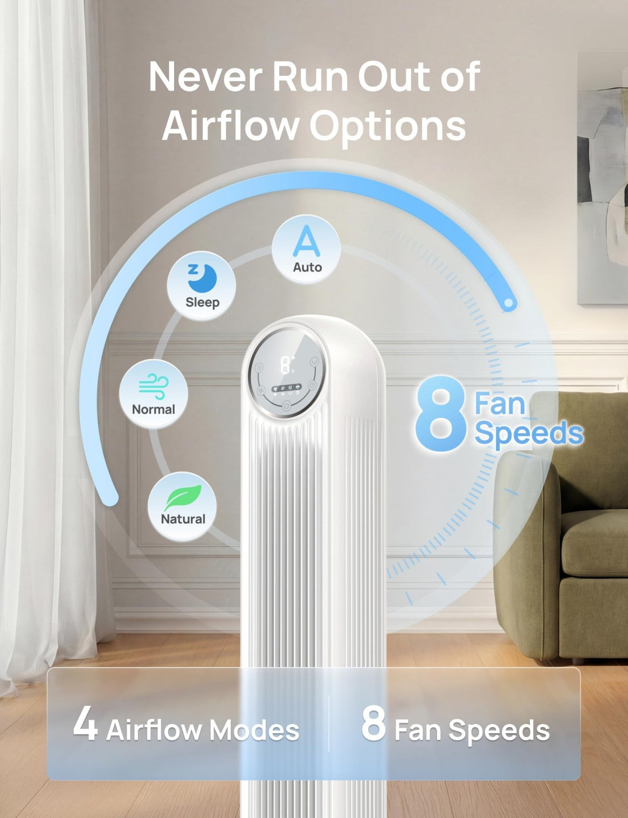 Ultra Quiet Bladeless Tower Fan   28ft/s Speed, 90° Oscillation, 8 Modes, Remote4