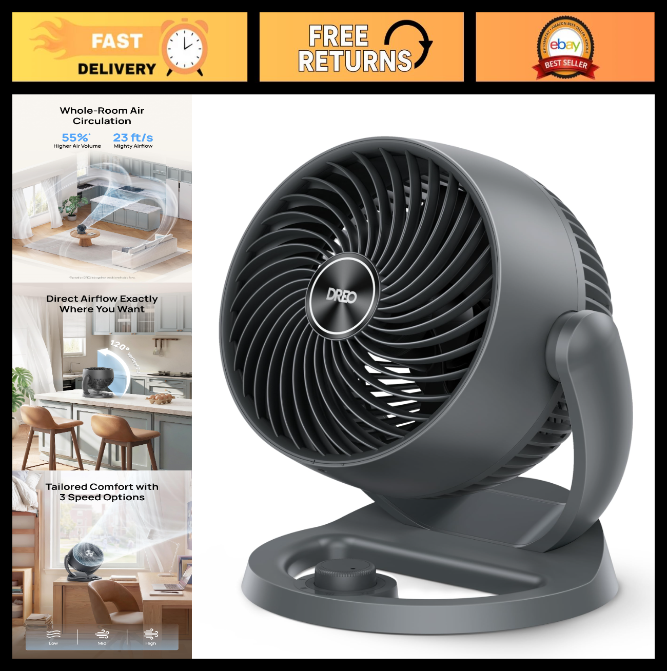 12 Inch Desk Fan   Powerful Air Circulator, 120° Tilt, Ultra Quiet 25dB, 3 Speed0