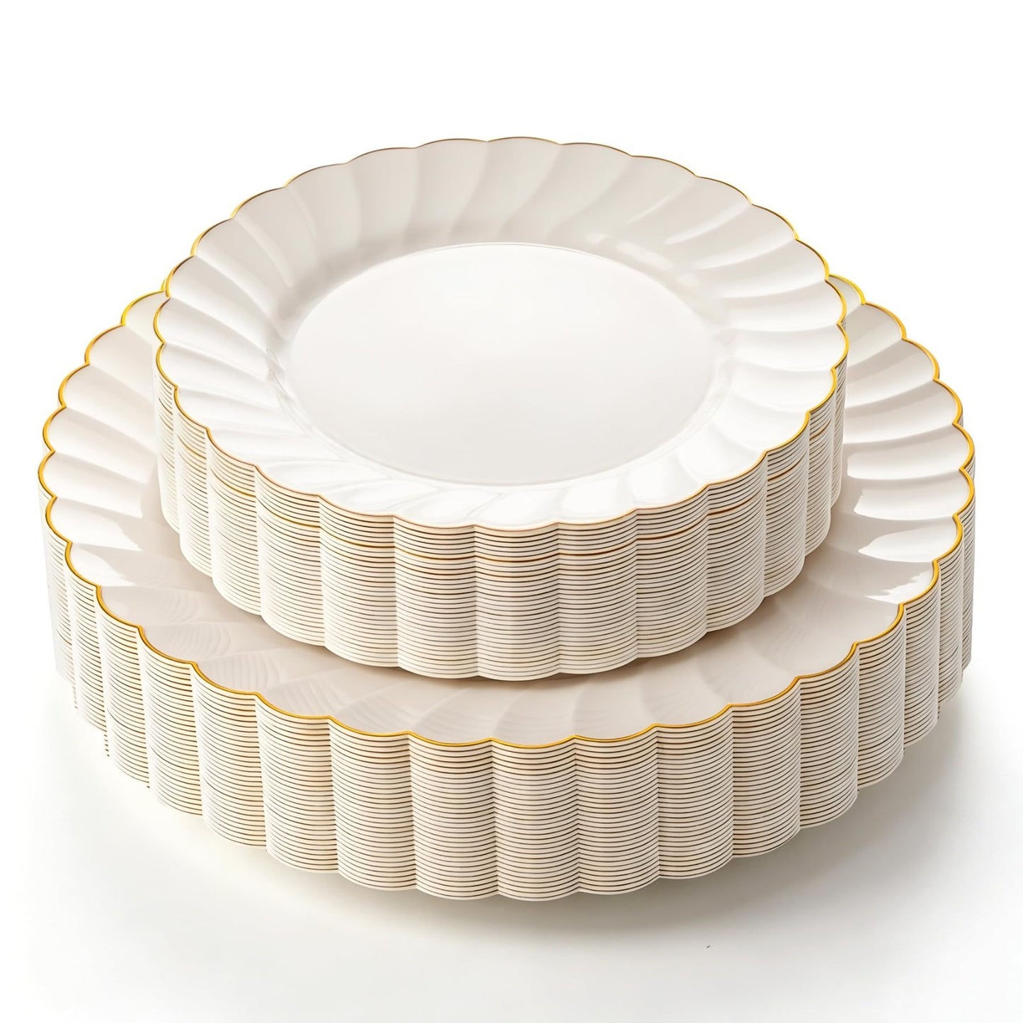 50PCS Heavy Duty Ivory Scalloped Plastic Plates with Gold Rim - 25 Dinner & 25 D1