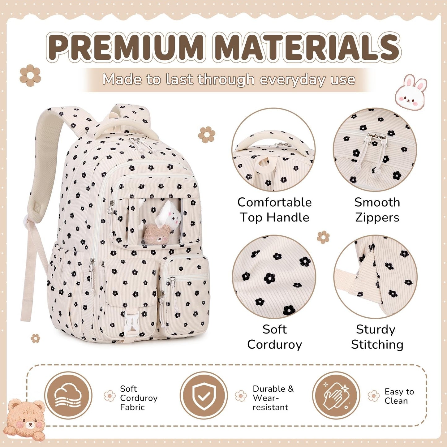 Kawaii Corduroy Backpack Set for Girls - 3PCS School Bag, Lunch Box & Pencil Cas4