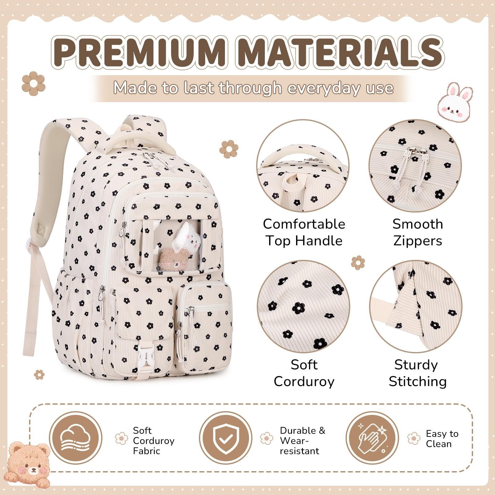 Kawaii Corduroy Backpack Set for Girls - 3PCS School Bag, Lunch Box & Pencil Cas4