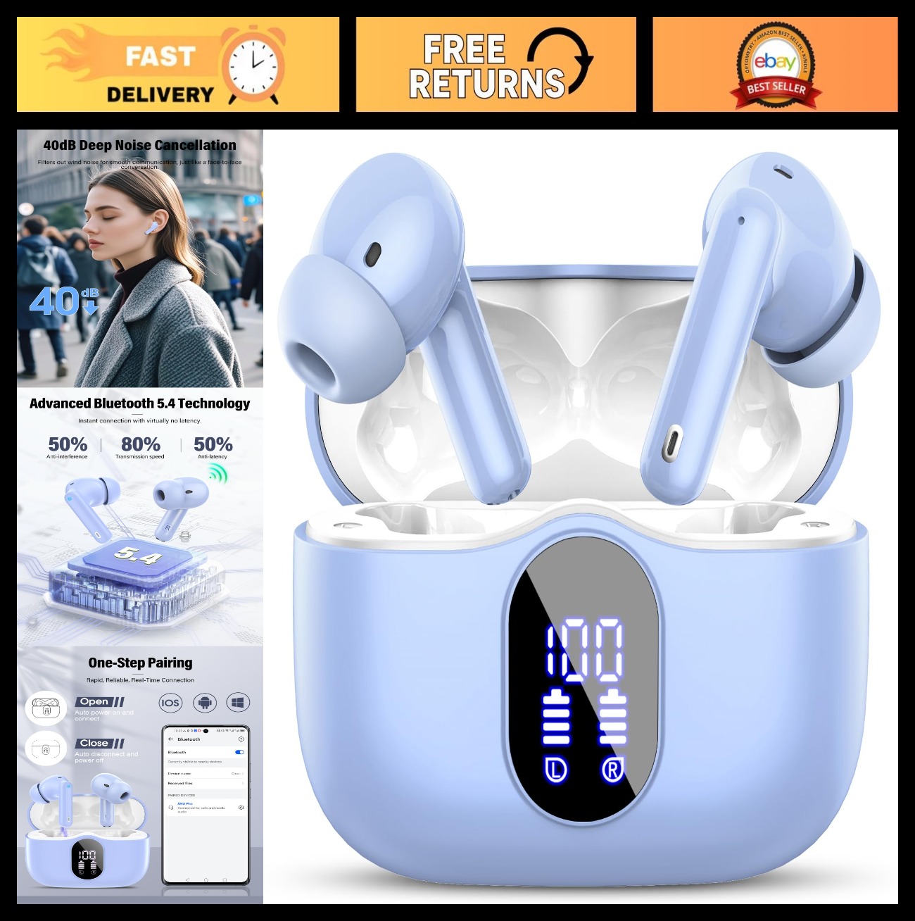 Bluetooth 5.4 Wireless Earbuds, Noise Cancelling, IP7 Waterproof, 36H Playtime,0