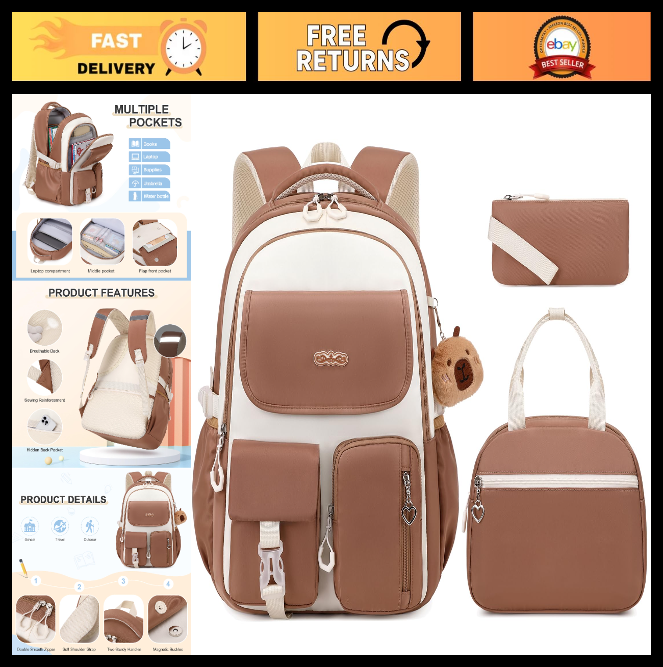 3PCS Girls School Backpack Set with Lunch Box & Pencil Pouch   Stylish & Durable0