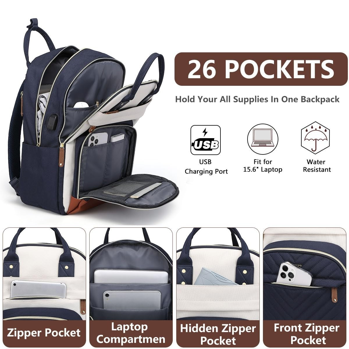 Stylish Laptop Backpack for Women   17.3" Waterproof Bookbag with USB Charger, A2