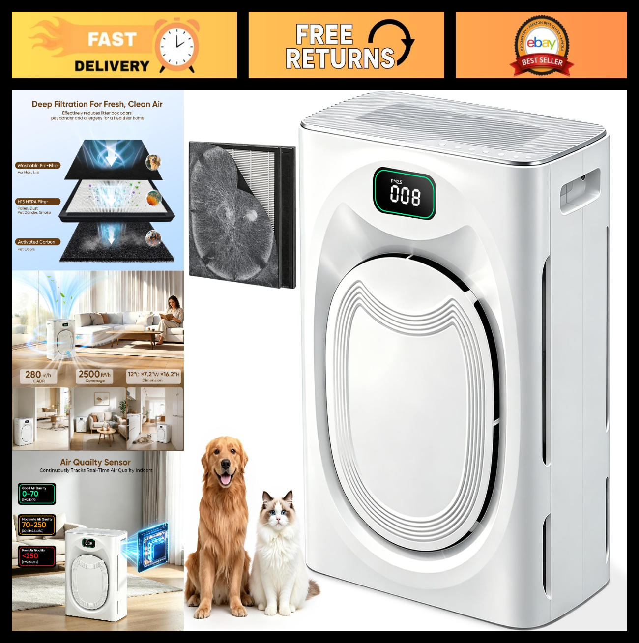 Air Purifier for Large Rooms 2500 sq ft - Removes Pet Hair, Dander, Odors, H13 H0