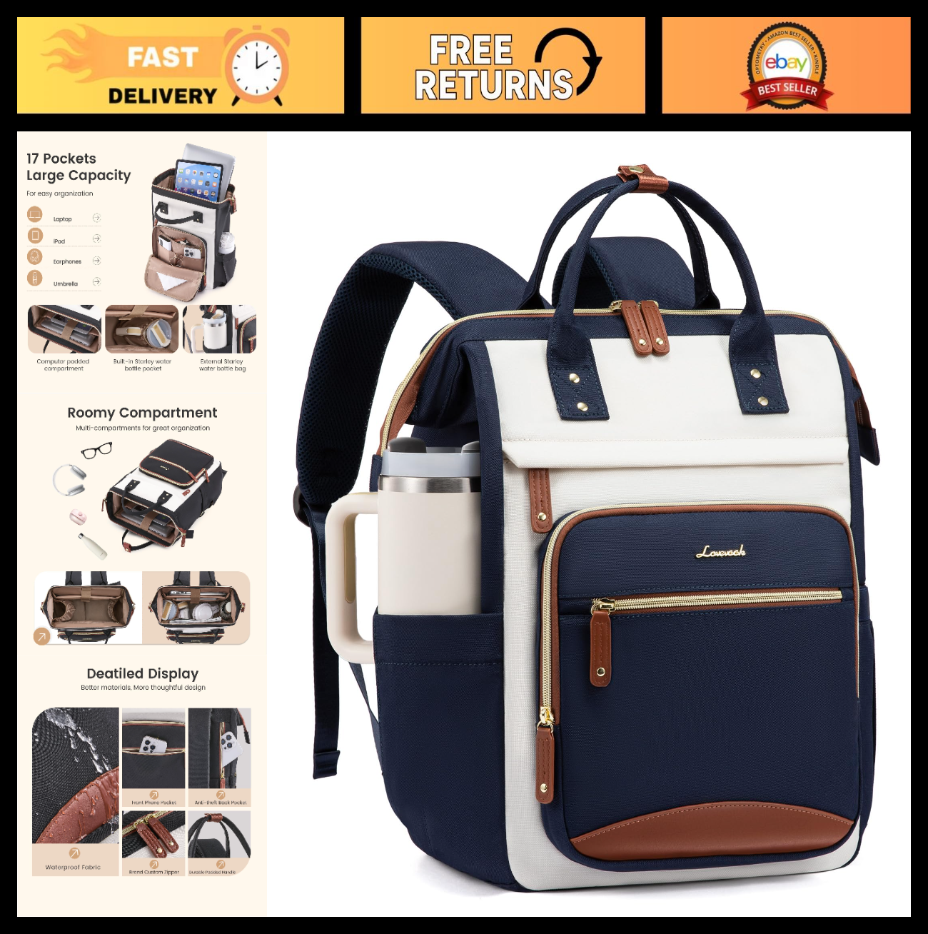 Stylish Women's Laptop Backpack, 15.6" Waterproof Work Bag, Large Capacity, Cup0