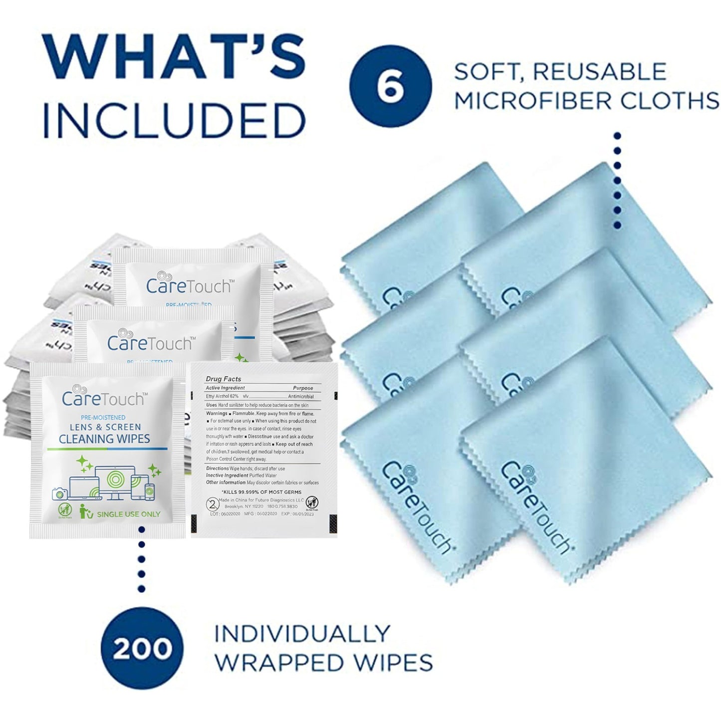 200 Lens Cleaning Wipes & 6 Microfiber Cloths - Eyeglasses, Camera, Screen Clean2