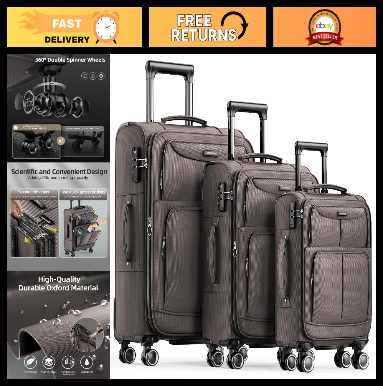 3-Piece Softside Luggage Set - Expandable, Lightweight, 360° Spinner Wheels, TSA0