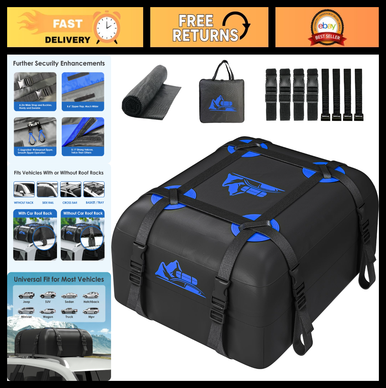 Rooftop Cargo Carrier Bag 15-20 Cu Ft Waterproof Storage for Cars - Blue0