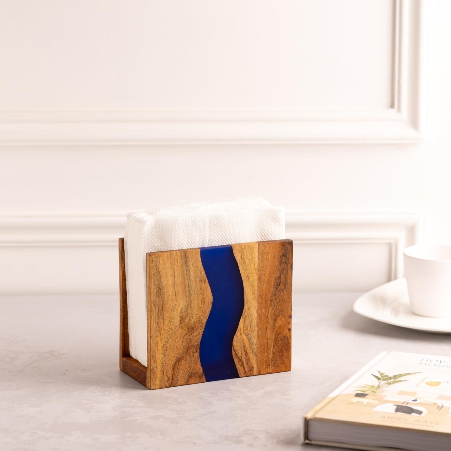 Rustic Acacia Wood Napkin Holder with Blue Epoxy Resin - Farmhouse Table Organiz5