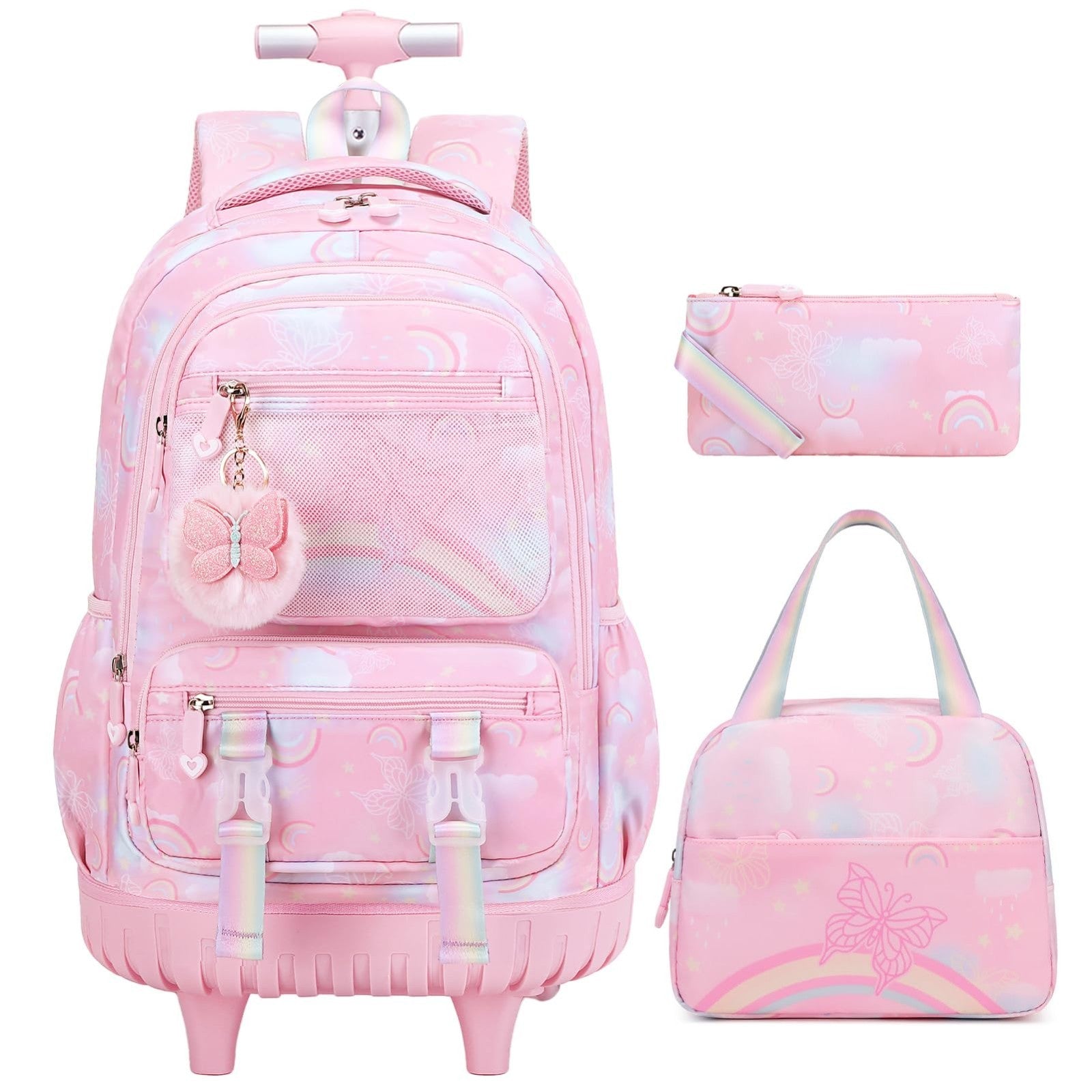 3PCS Girls Rainbow Butterfly Rolling Backpack Set with Lunch Box   Pink Travel B1