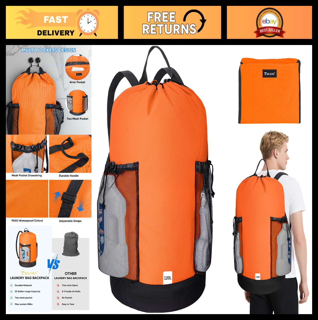 Large 120L Laundry Backpack Bag, Durable 900D Oxford Fabric, Mesh Pockets, Colle0