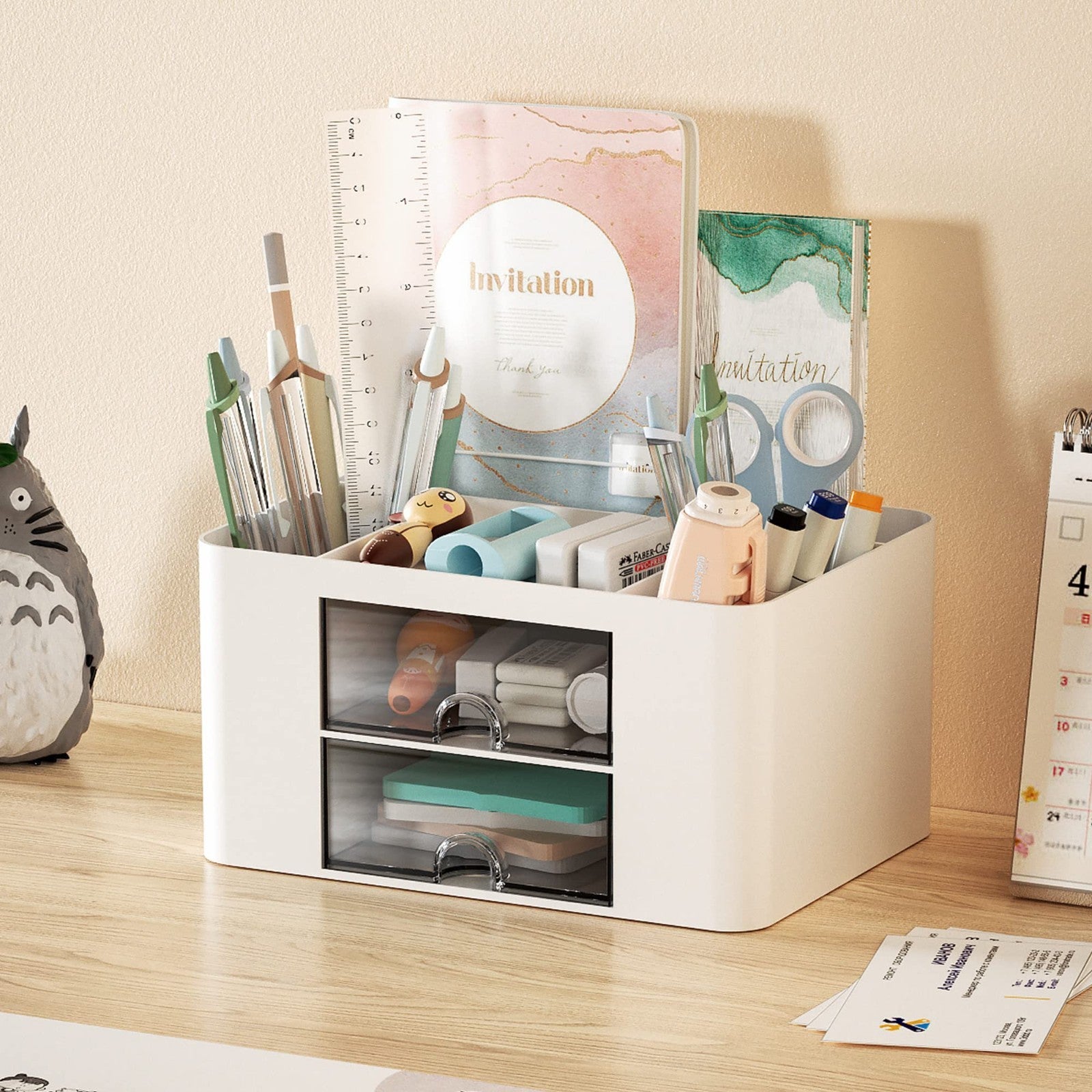 Multi Functional Desk Organizer with 2 Drawers, 5 Compartments for Art Supplies2
