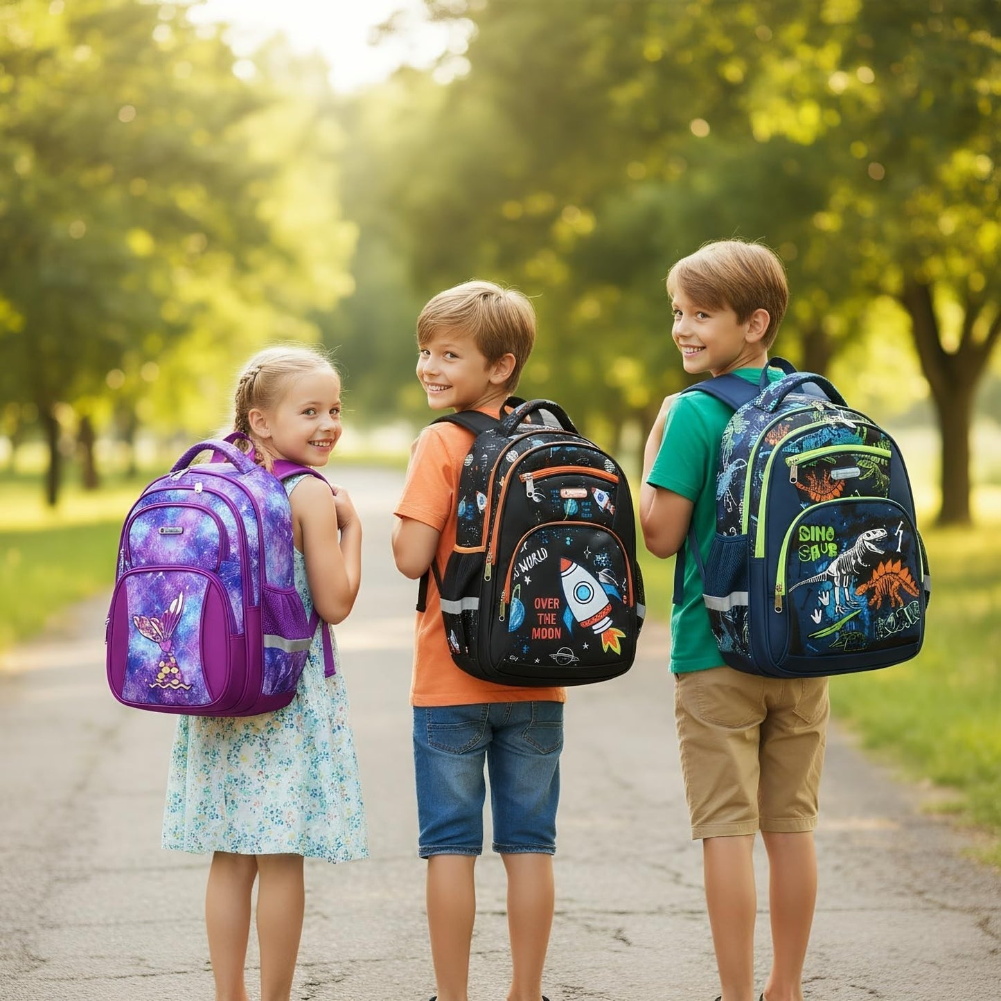 Large Kids Backpack for Boys 8 12, 17in School Bag, Durable Nylon, Dino Design2