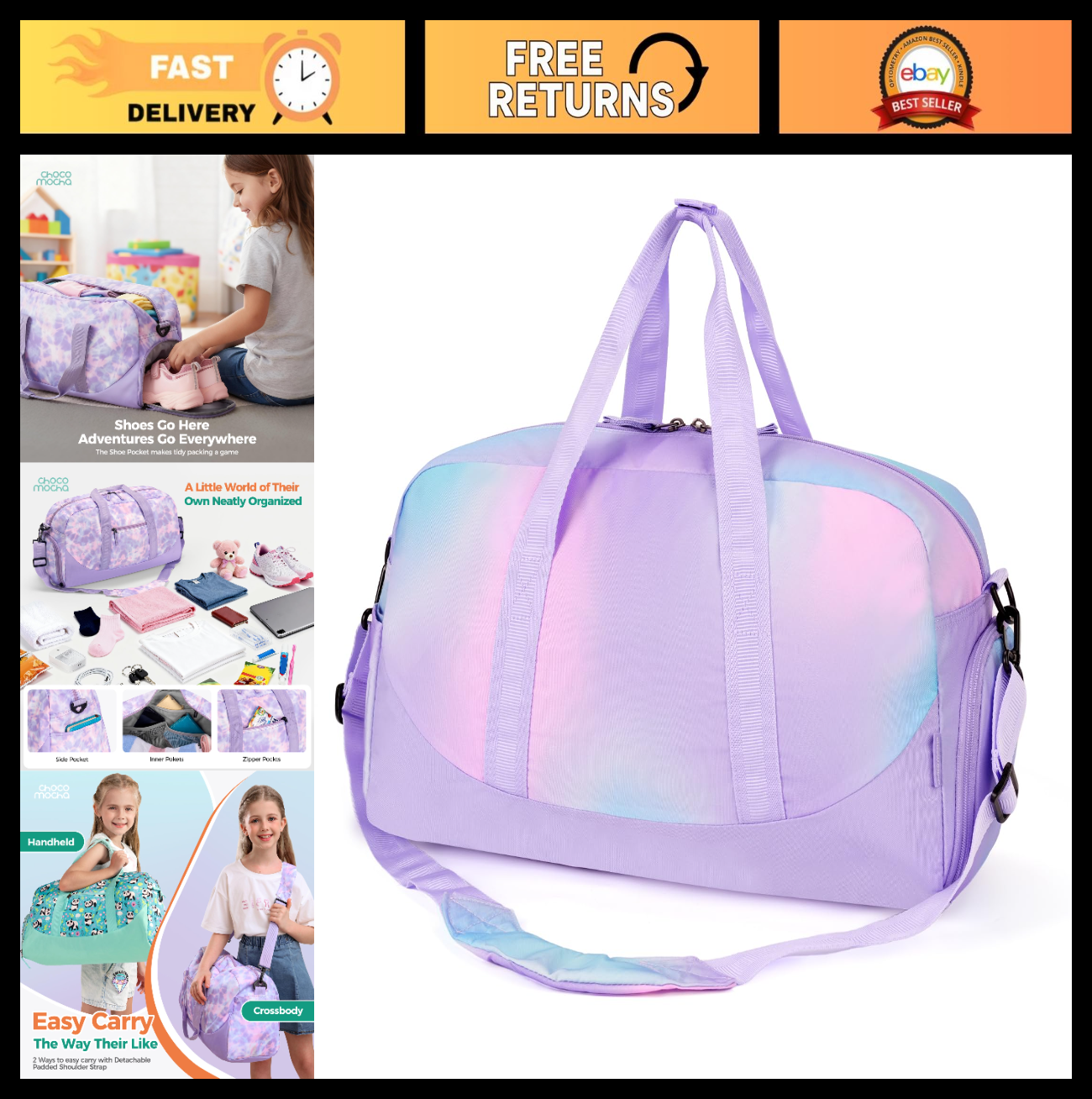 Girls Purple Duffle Bag for Kids, Large Overnight Travel Bag with Shoe Compartme0