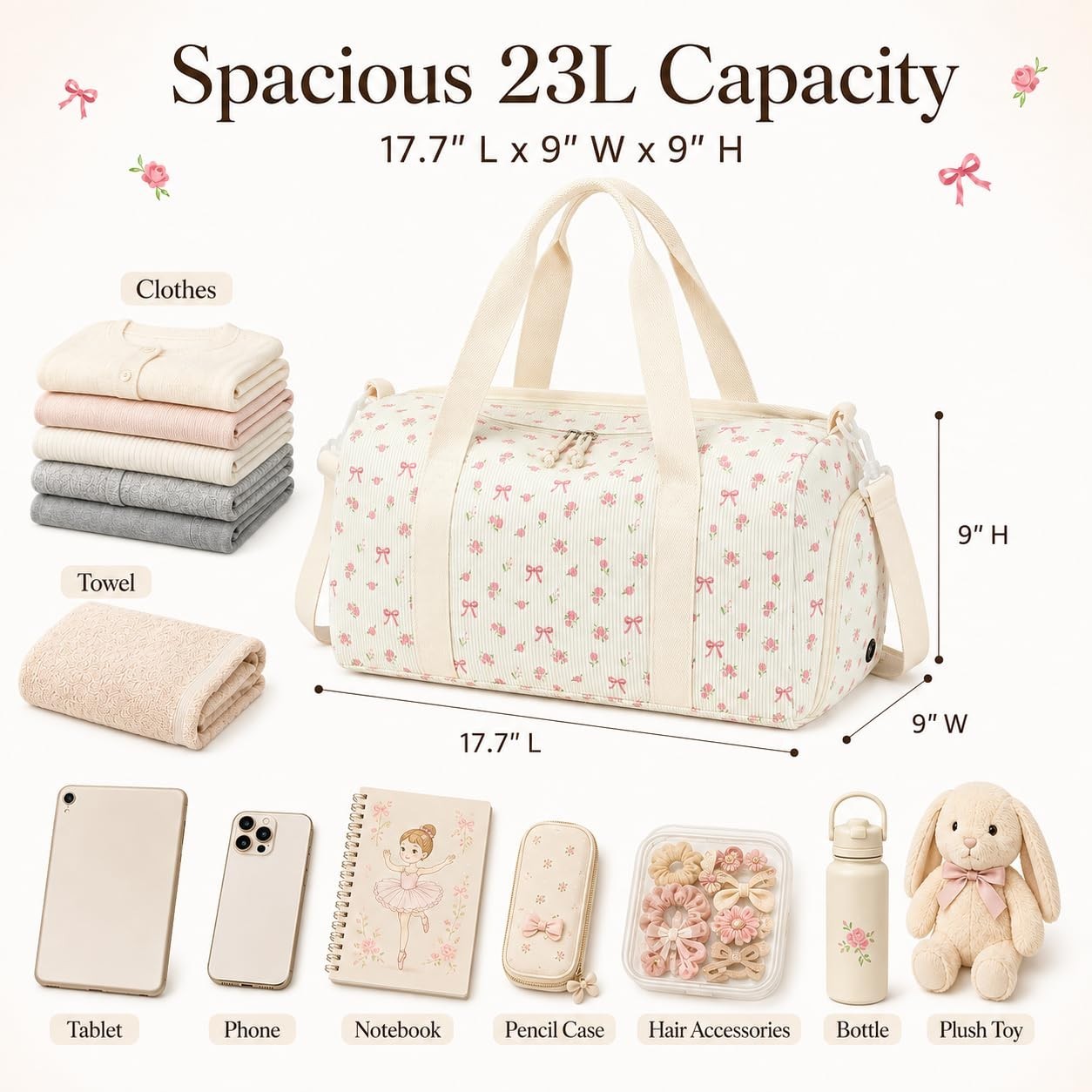 Cute Girls Duffle Bag with Shoe Compartment & Wet Separation - Waterproof Gym Tr4