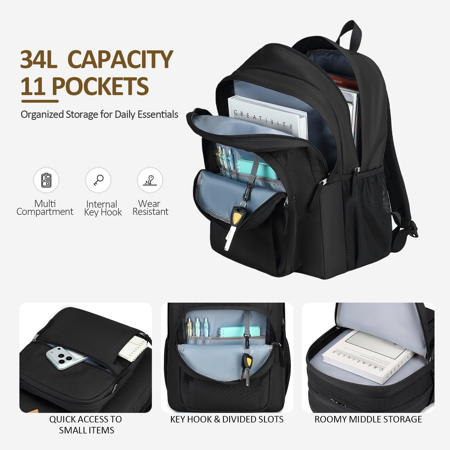 Water Resistant Large Travel Backpack for College, School & Work   Unisex Bookba3