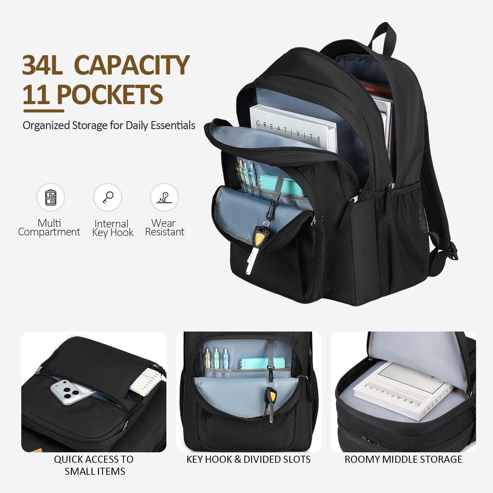 Water Resistant Large Travel Backpack for College, School & Work   Unisex Bookba3