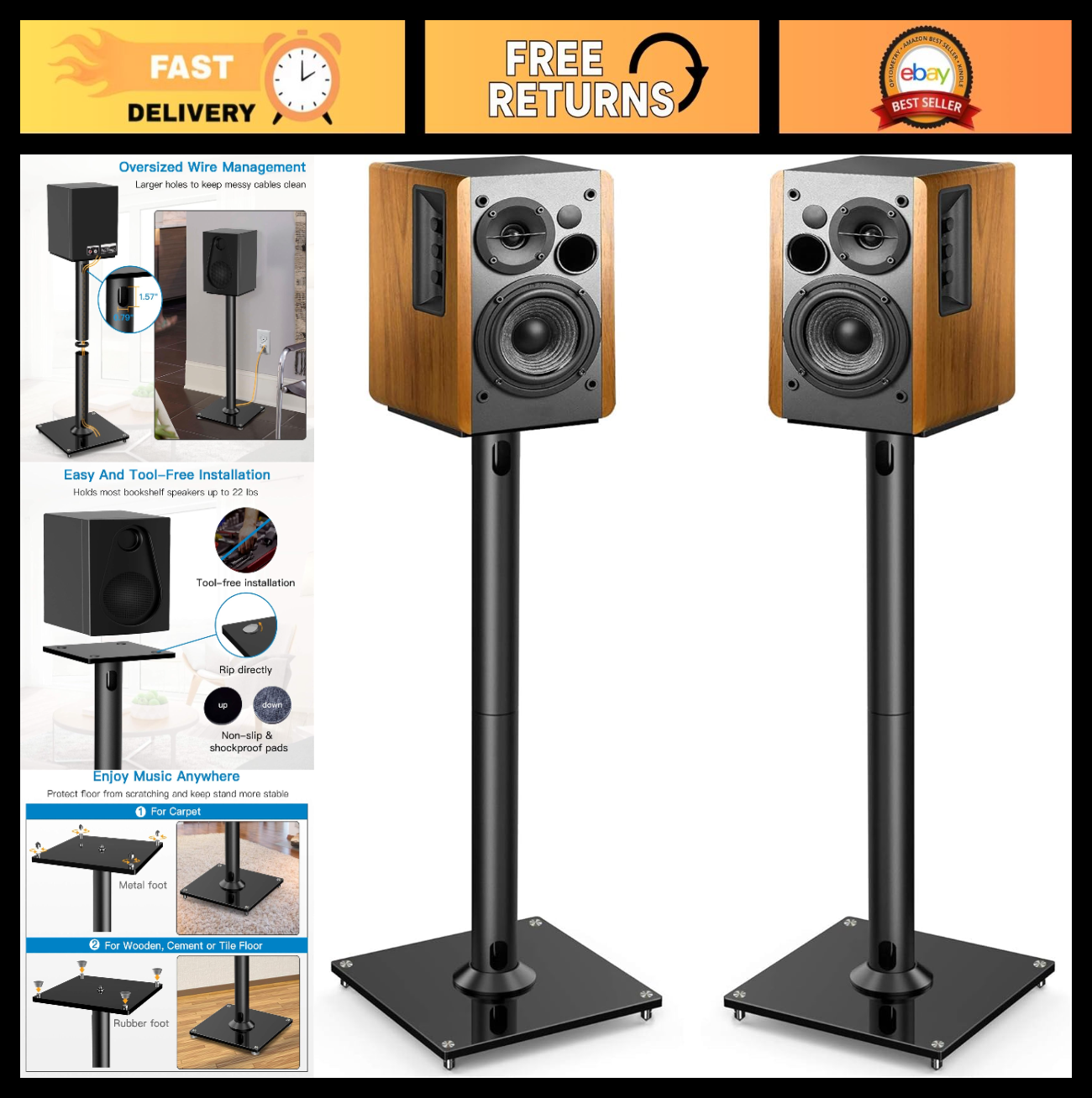 Universal Floor Speaker Stands for Surround Sound, Adjustable 27.56'', Tool Free0