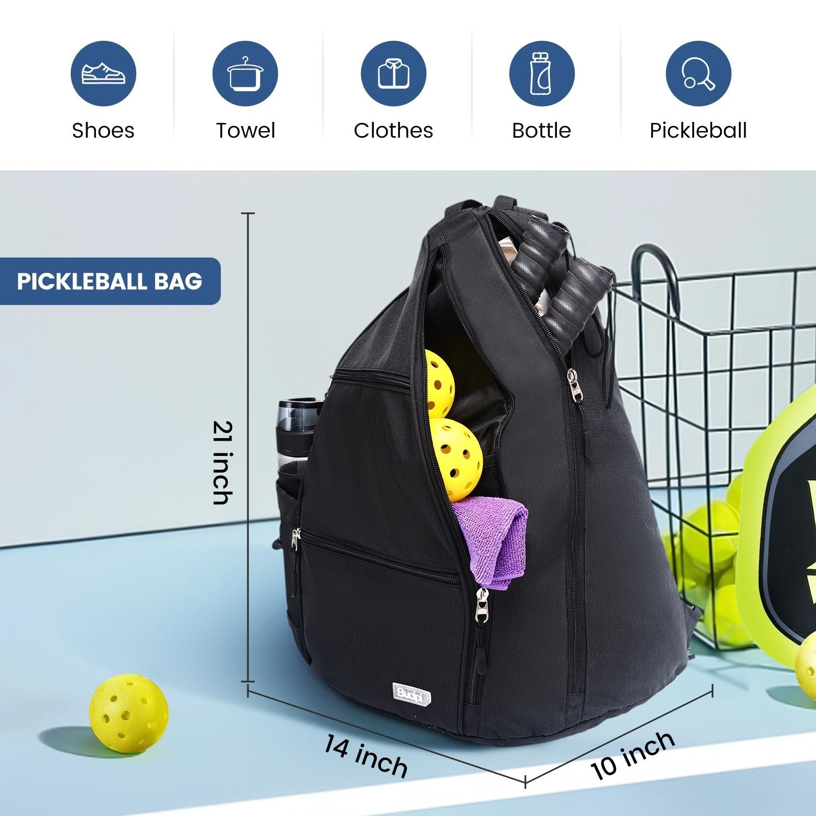Water-Resistant Pickleball Backpack, Convertible Sling Bag with Fence Hook, Hold3