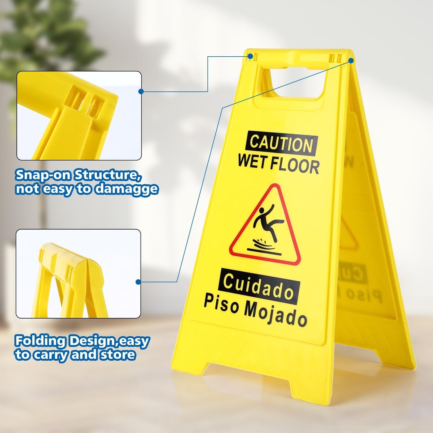 8 Pack Wet Floor Signs, 17.5" Bright Yellow Double Sided A Frame, Bilingual Safe3