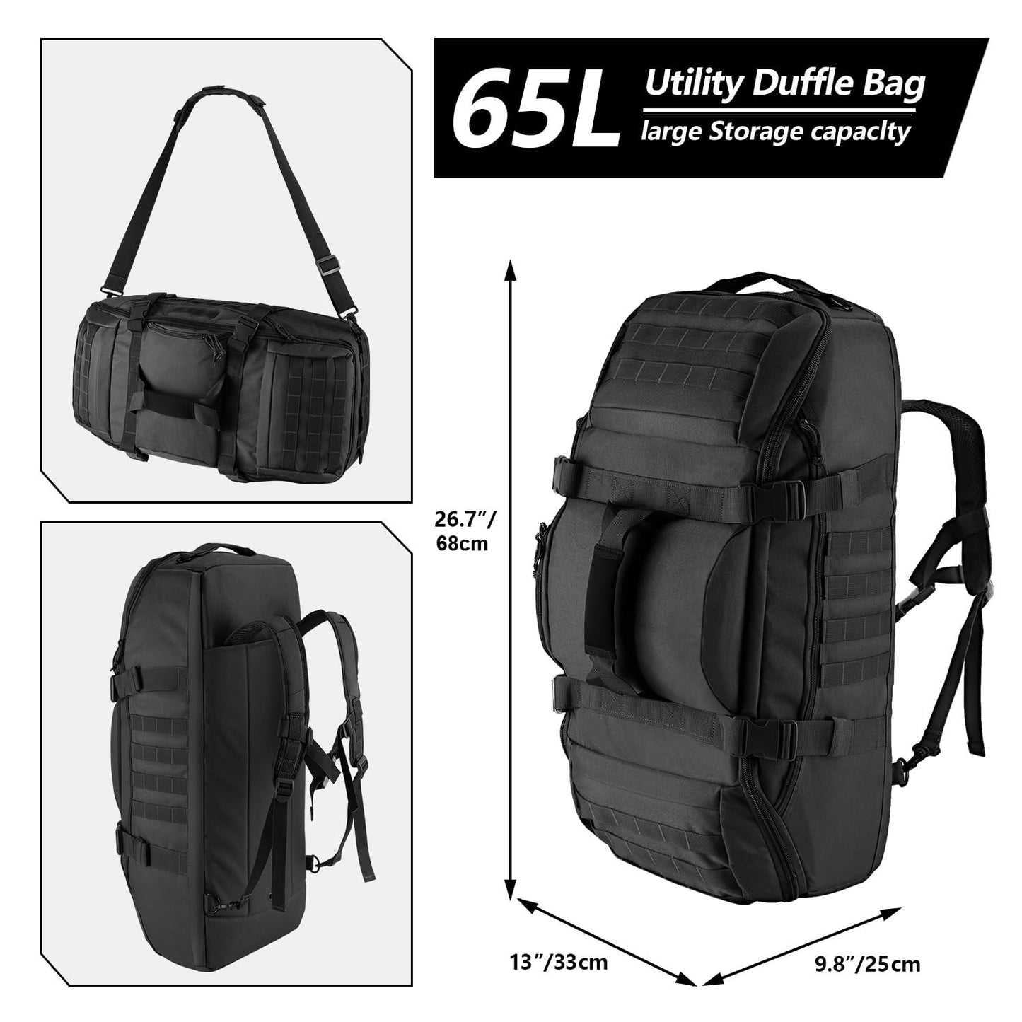 Large 65L Tactical Duffle Bag, 3 in 1 MOLLE Backpack for Sports, Gym & Outdoor2
