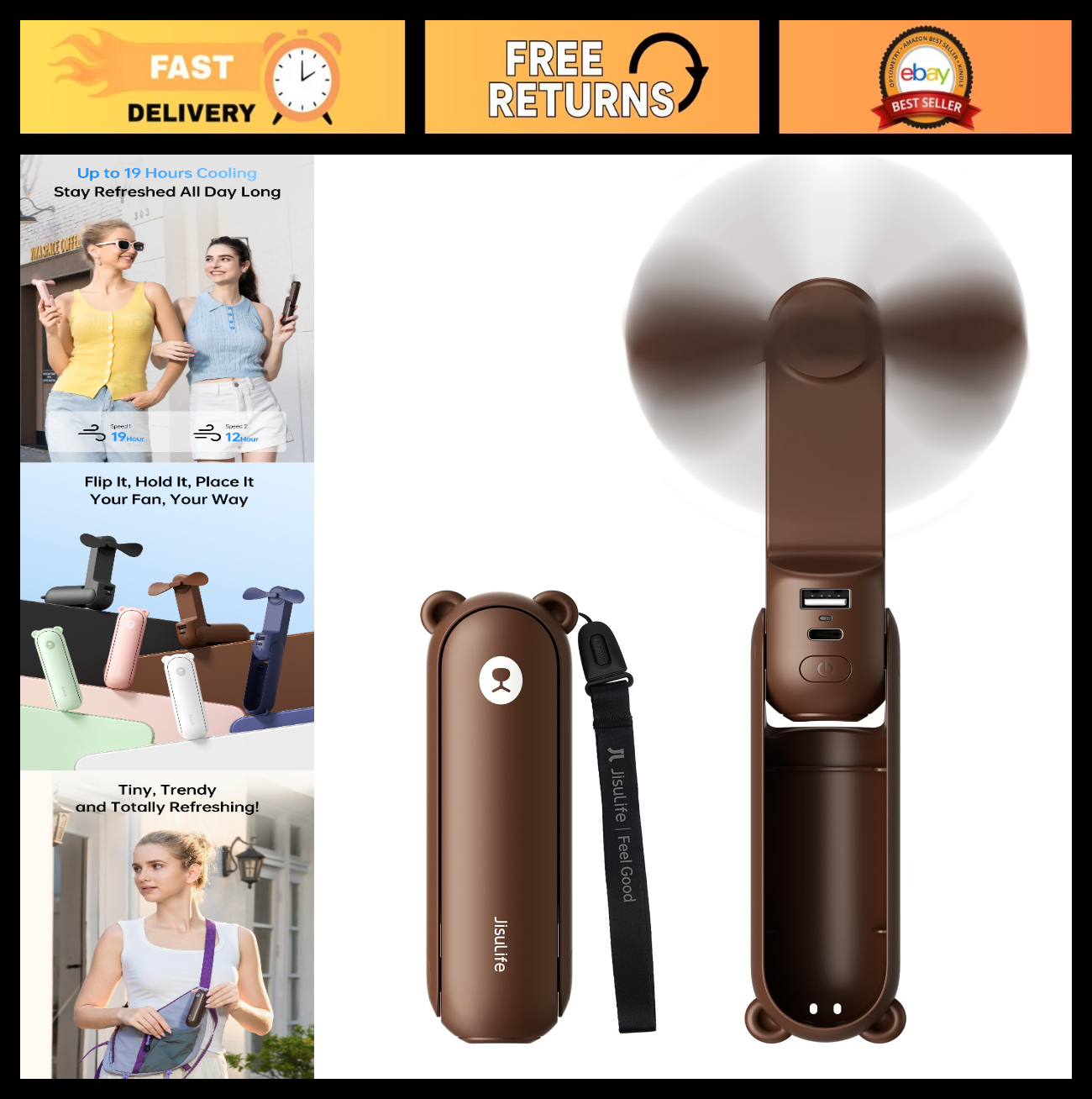 3 in 1 Portable Fan with Power Bank & Flashlight | 19H Cooling, USB Rechargeable0